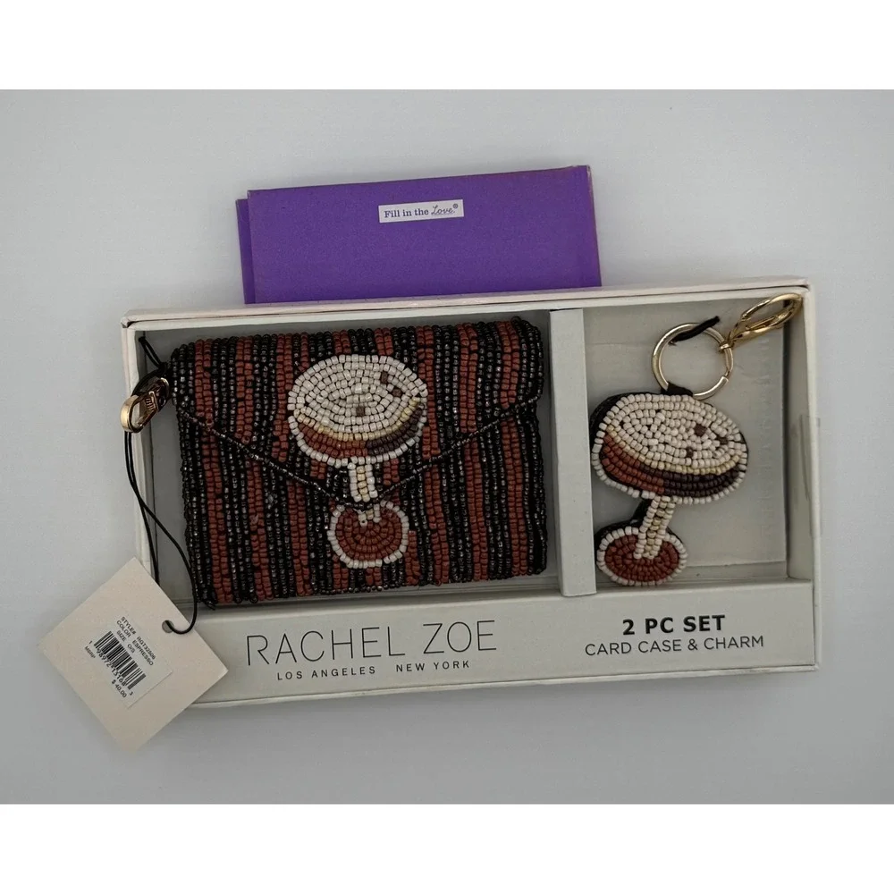 Rachel Zoe Espresso Beaded Mushroom Card Case & Bag Charm 2 Piece Set NWT In Box